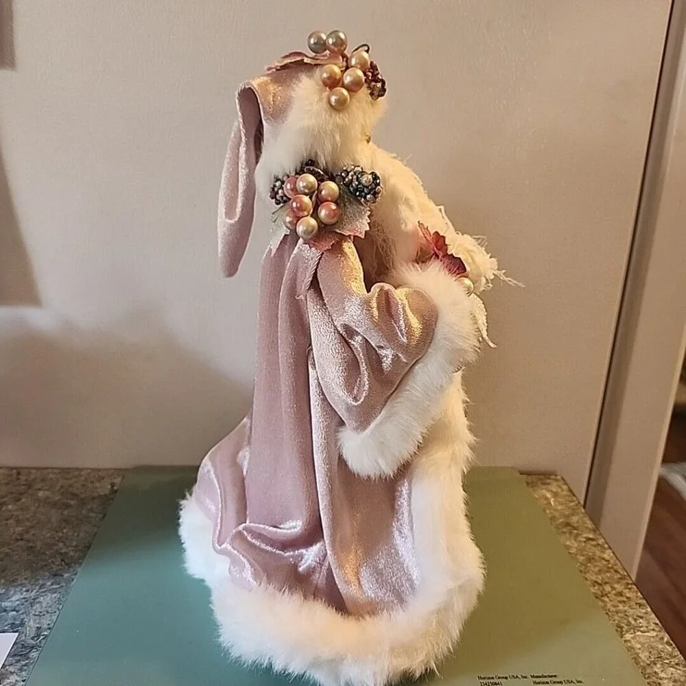 Pink Velvet Santa 13.5” Tree Topper with Birds and Birdcage Fur Floral Vintage